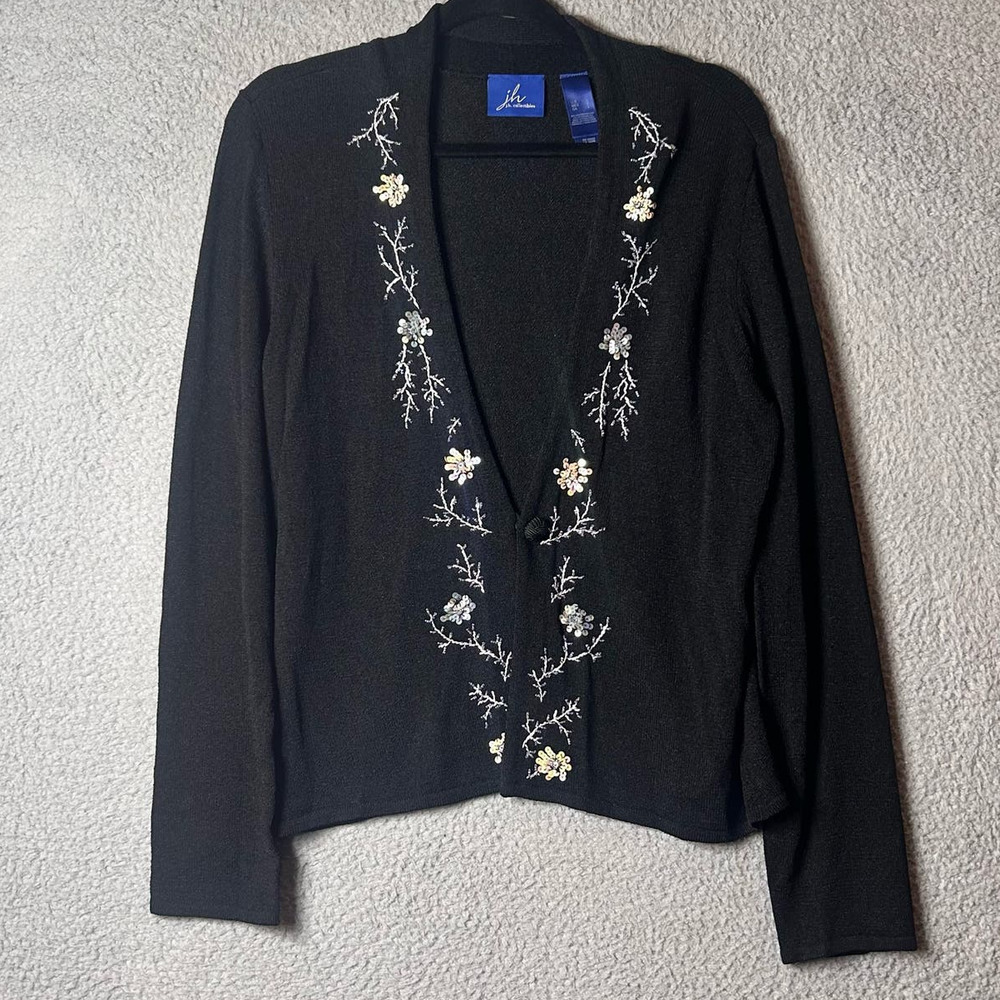 J.H. Collections Cardigan Womens L Black Embroidered Sequined Long Sleeve‎ NEW
